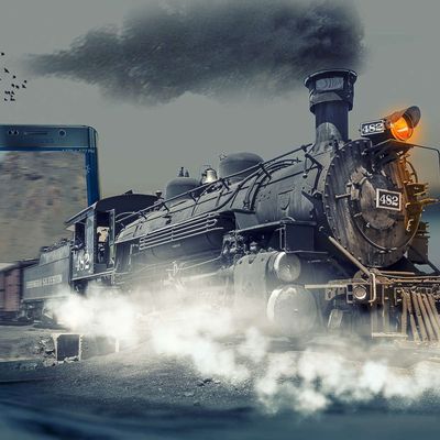 Un train à vapeur qui sort d'un écran de smartphone